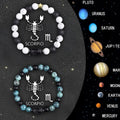 Two natural stone beaded bracelets with zodiac charms on a table, showing adjustable sliding knots.