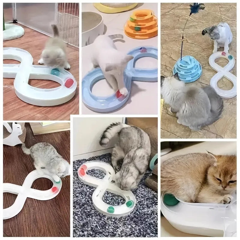 Blue and white cat turntable track ball toy with teasing stick on a flat surface.