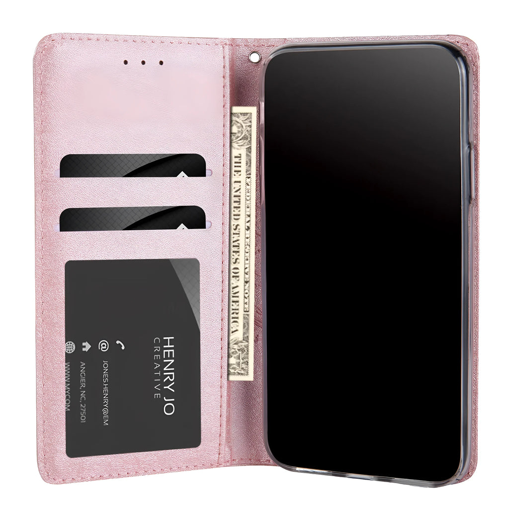Flip phone case for Apple iPhone with card slot in Black, showing front cover and spine