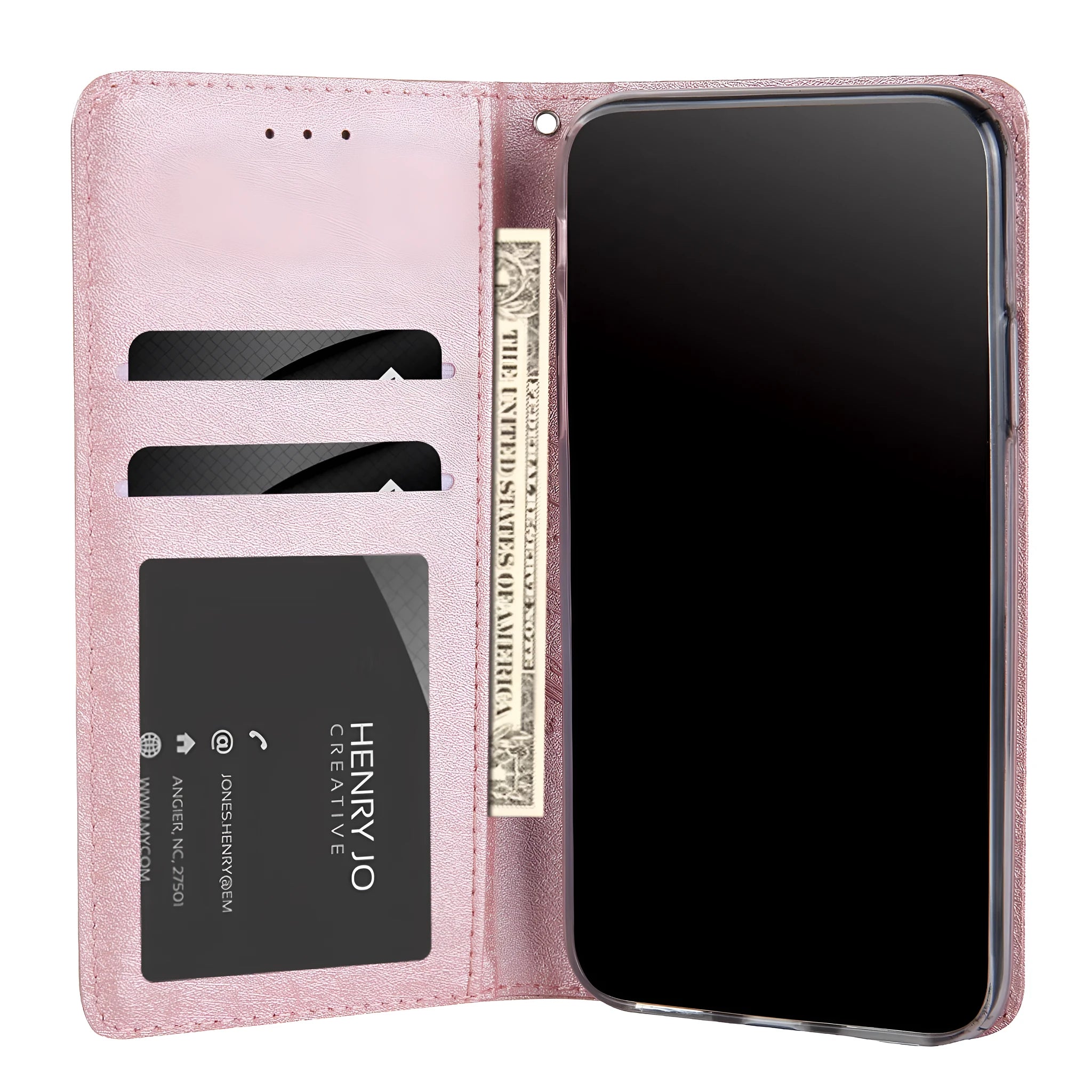 Flip phone case for Apple iPhone with card slot in Black, showing front cover and spine