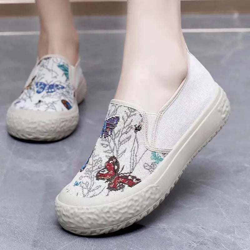 Old Beijing slip-on soft bottom canvas shoes for women – round toe cloth shoes in white with injection moulded sole