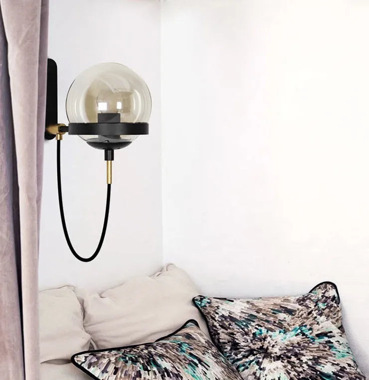 Modern retro wall lamp with glass shade, push button switch, black finish, LED light source for indoor use