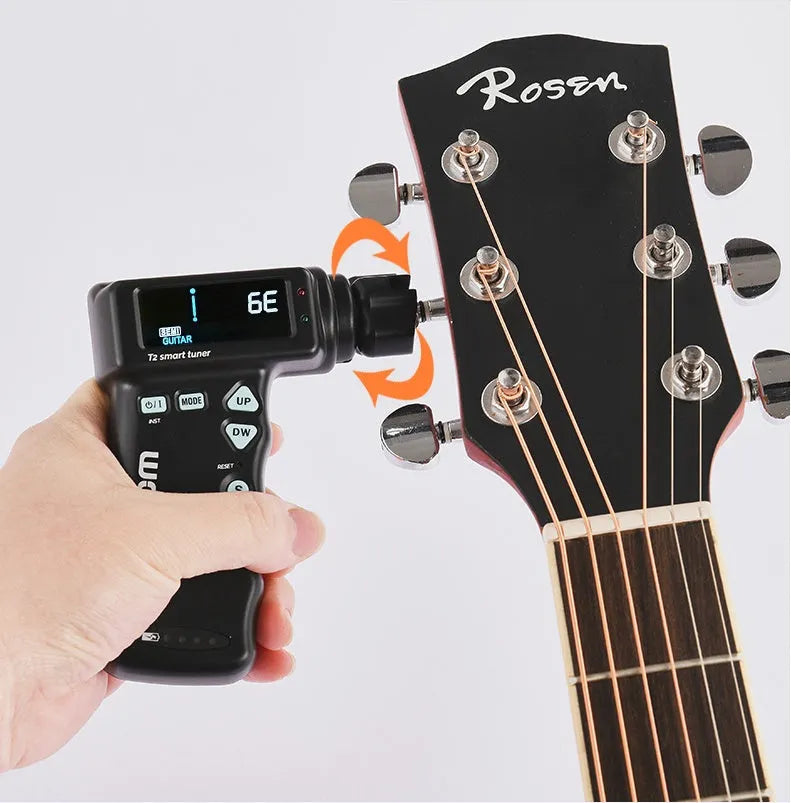 Multi-functional smart guitar tuner with string winder, colour LCD display, black and white, for acoustic and electric guitars