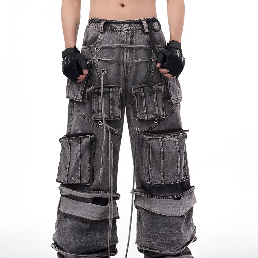 Grey cotton denim distressed overalls with rope stitching in mop pant style on model