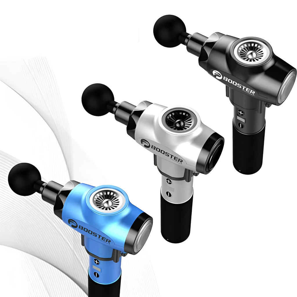 Black handheld muscle massage gun with adjustable speed settings on white background