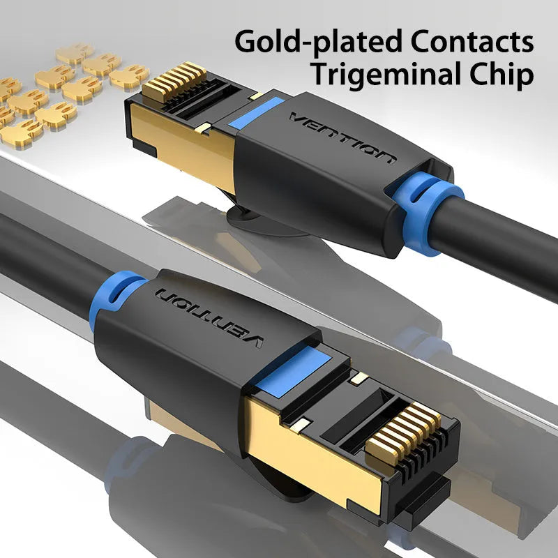 CAT8 shielded Ethernet cable with RJ45 connectors showing flat and round style options in various lengths