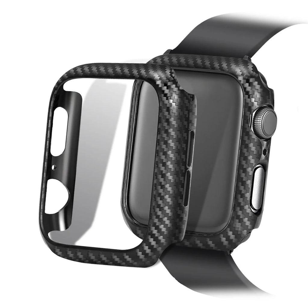 Carbon fiber leather watch strap with PC hard shell case for Apple Watch, available in black line colour, 42 44mm size