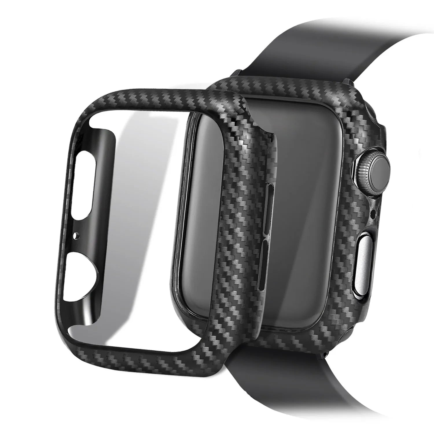Carbon fiber leather watch strap with PC hard shell case for Apple Watch, available in black line colour, 42 44mm size