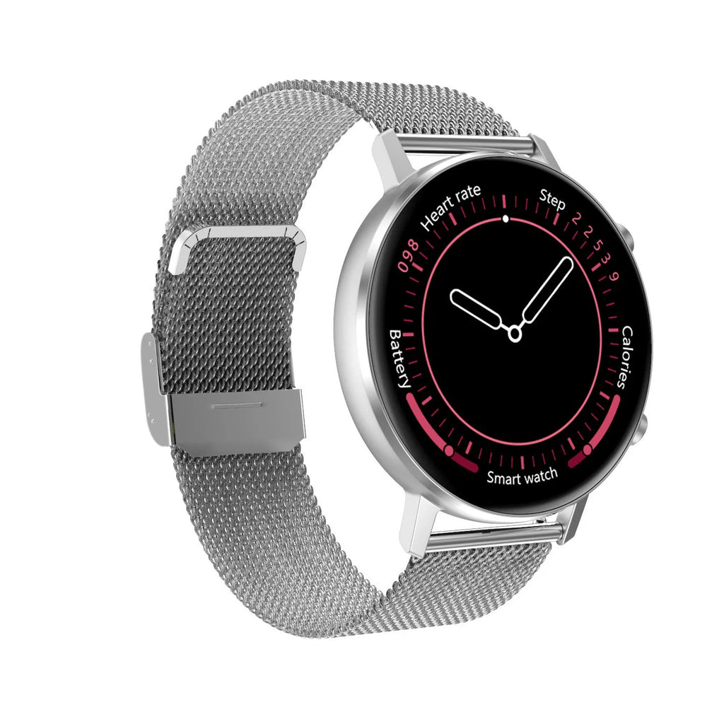 DT96 smart bracelet with stainless steel strap on a wrist, showing the 1.3-inch touch screen display.