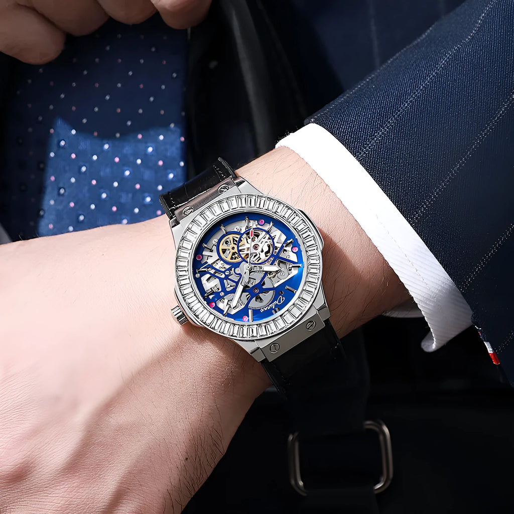 Men's automatic mechanical watch with hollow design and diamond studs, white shell case