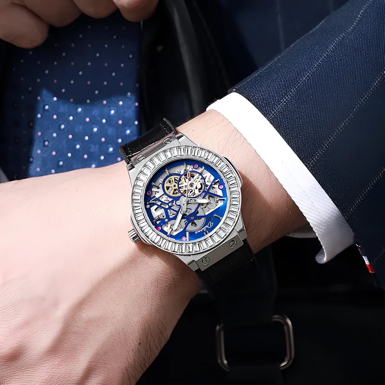 Men's automatic mechanical watch with hollow design and diamond studs, white shell case