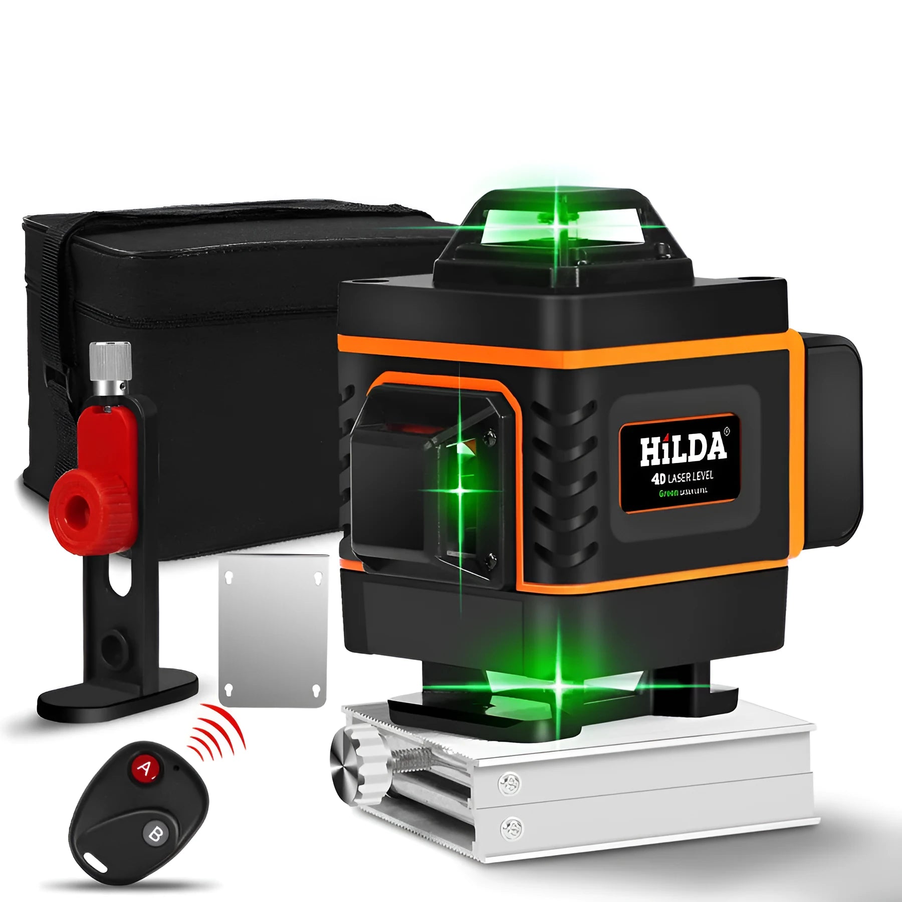 Rotating laser level emitting 16 orange lines for high-precision levelling on a wall sticker installation project