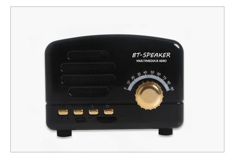 Vintage wood finish Bluetooth speaker in compact 93x70x59mm dimensions with wood grain appearance
