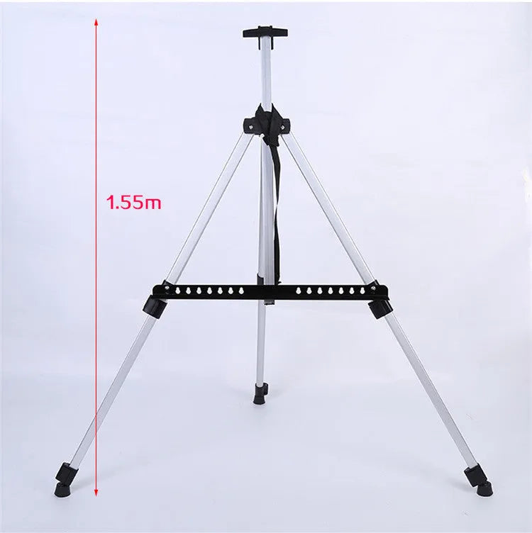 Silver adjustable aluminium alloy easel folded for transport with black carrying bag and shoulder strap