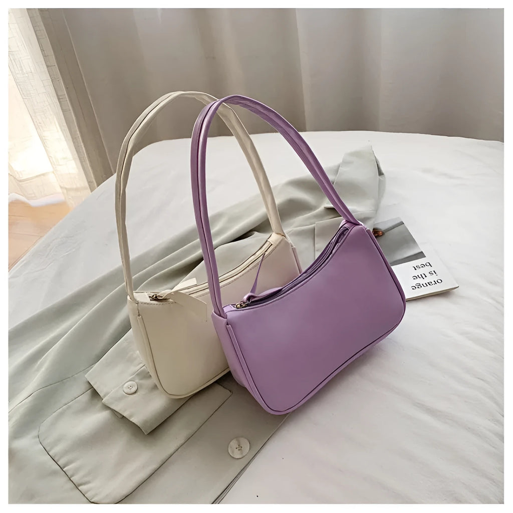 Horizontal square PU leather underarm bag for women, solid colour, 21cm width