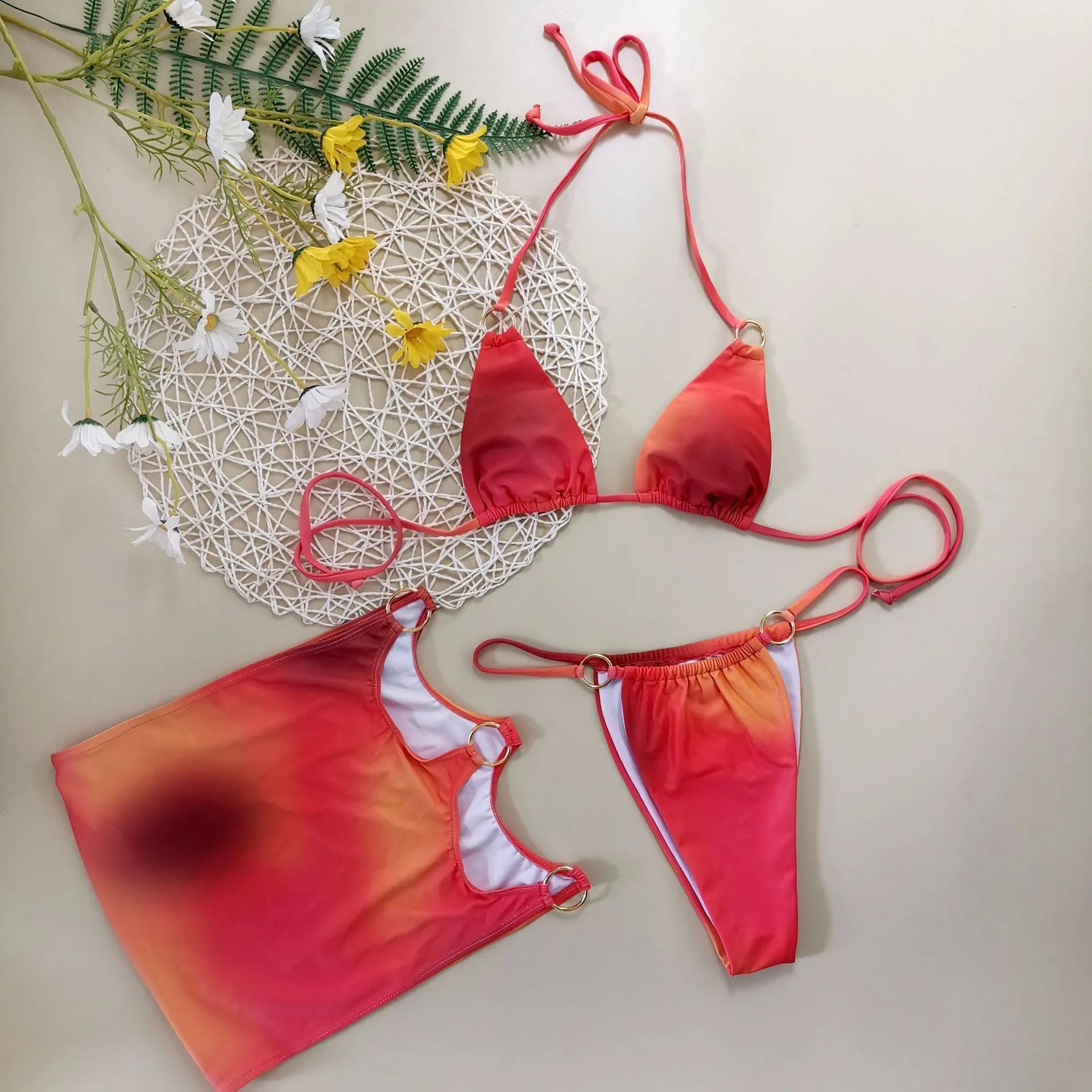 Women's gradient tie-dye three-piece halter bikini swimsuit set with skirt
