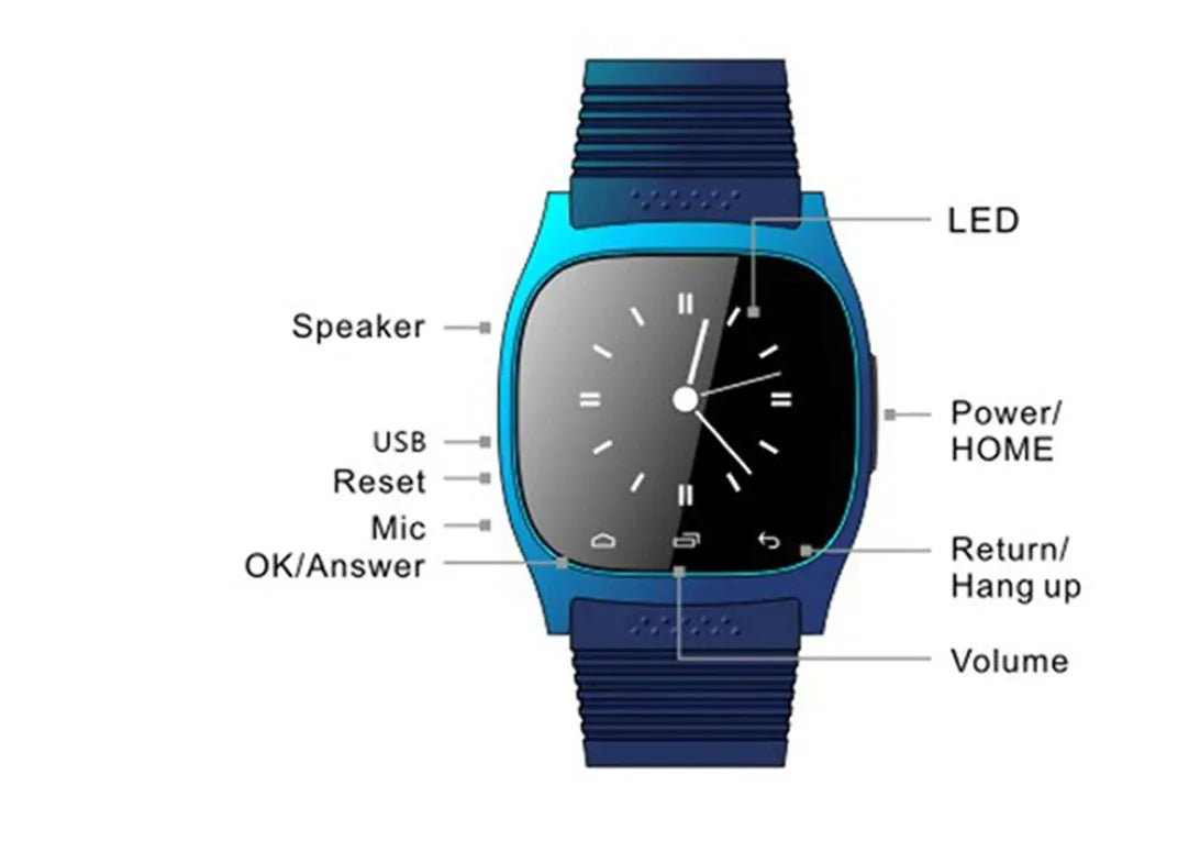 Smart Bluetooth sports watch compatible with Apple iPhone and Android phones in white, blue or black colours