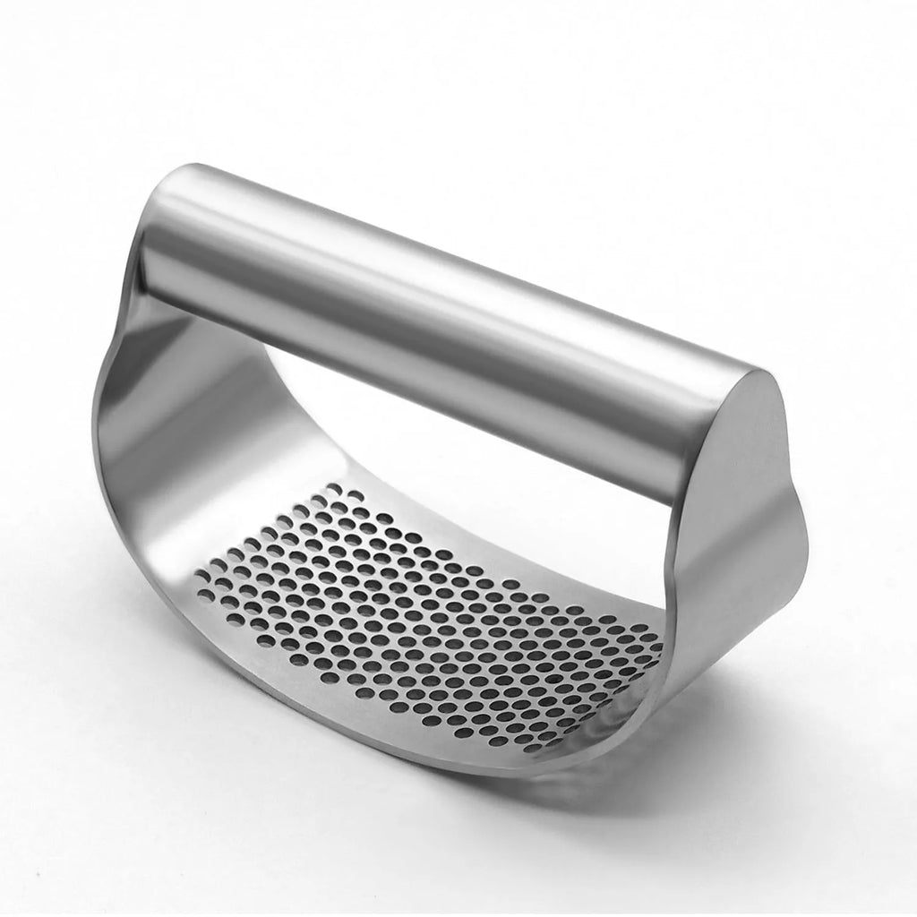 Stainless steel garlic press and onion fork kitchen bundle with PP handles on a table