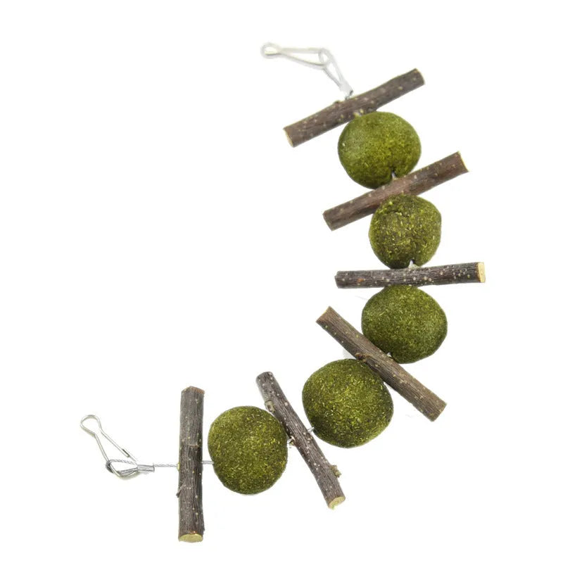Natural pet molar supplies set with five grass balls and six apple branches hanging on a cage for small animals like rabbits and guinea pigs