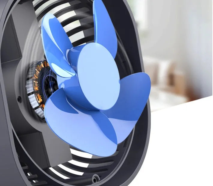 USB desk fan with alarm clock style in blue colour, showing 360-degree rotation feature.