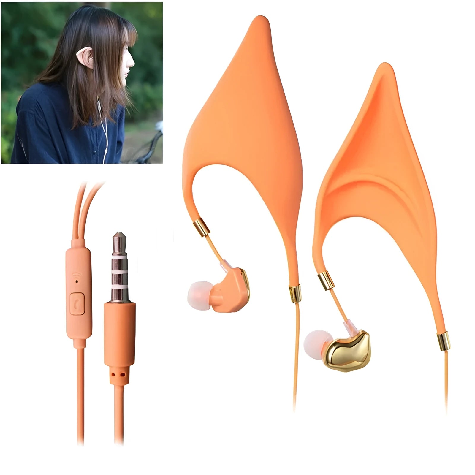 Cute cartoon elf-ear in-ear headphones with 3.5mm wired mic for cosplay
