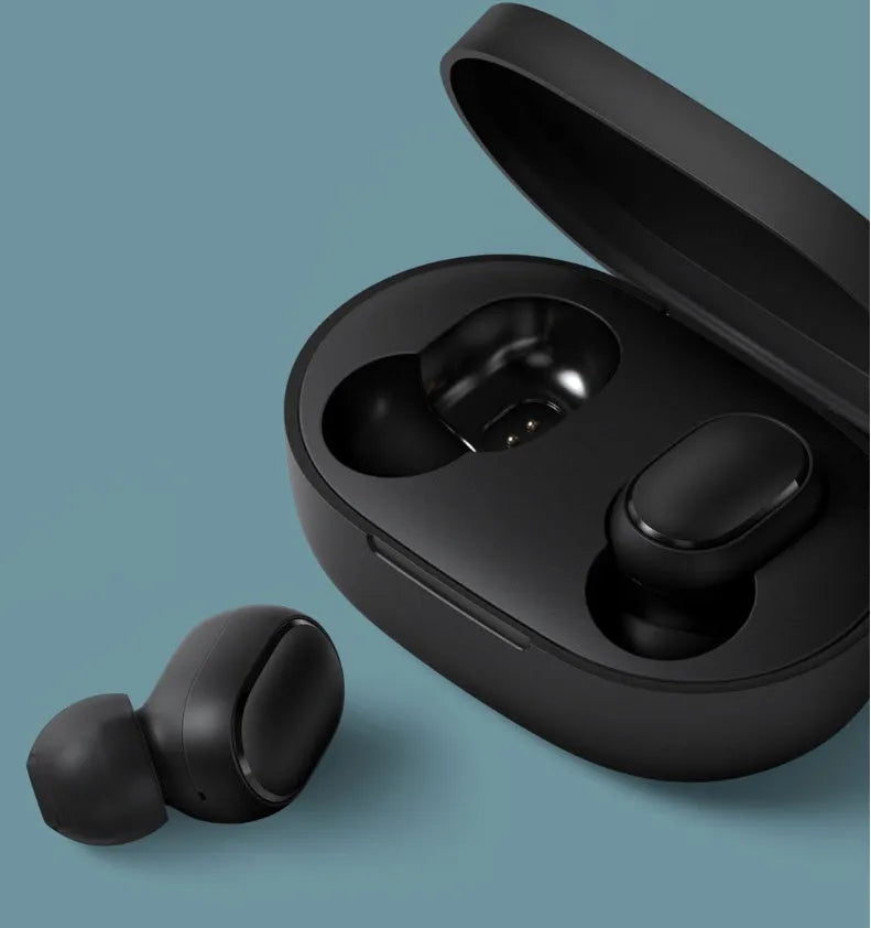Redmi AirDots True Wireless black earbuds and charging case on a white background.