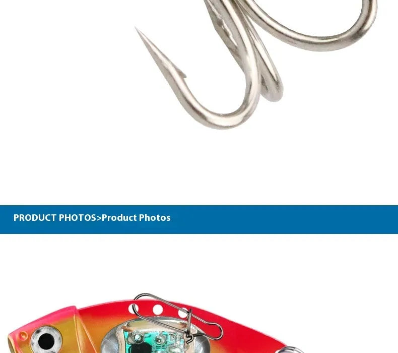 Luminous metal vib electronic fishing lure in blue and red body colours for casting and trolling
