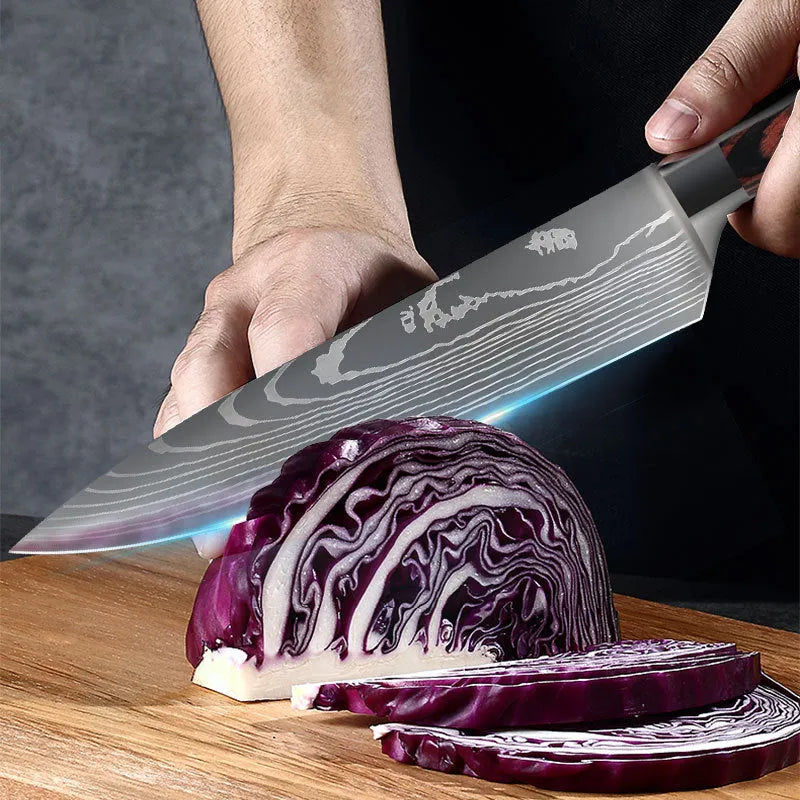 7CR17 stainless steel chef knife with laser Damascus pattern, 18cm blade and colour steel handle
