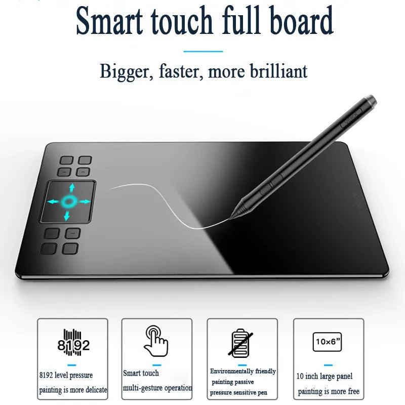Digital drawing board with 8129 pressure sensitivity, passive pen, and 10x6 inch active area
