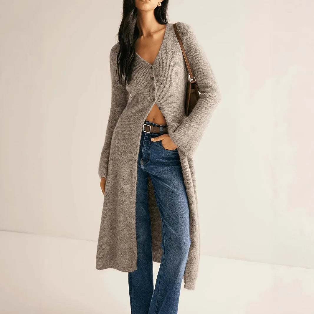 French style retro long sleeve cardigan coat in khaki with button front detail