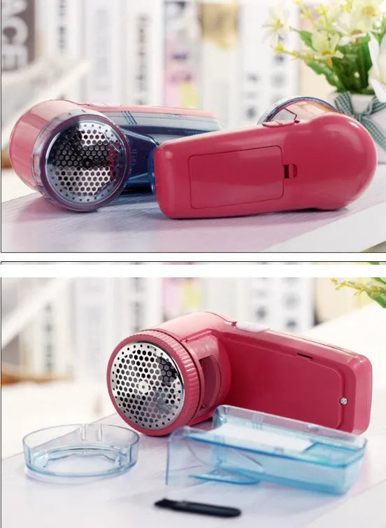 Handheld portable electric lint and pill remover for sweaters on a blue background.
