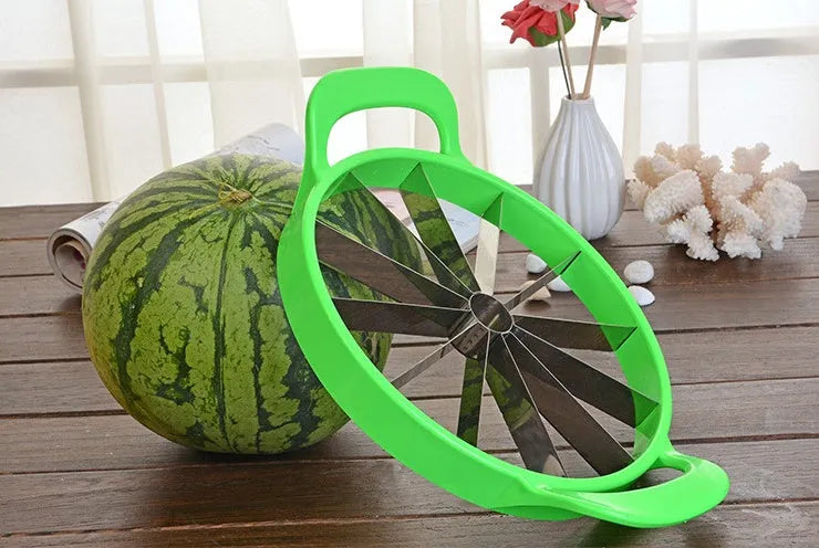 Green multi-function fruit slicer with stainless steel blade for cutting watermelon into 12 slices, 29cm diameter
