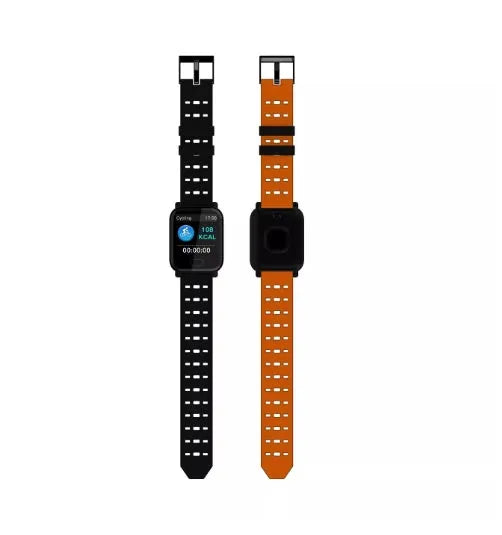 A6 model smart bracelet with a colour screen and blue silicone strap on a wrist.