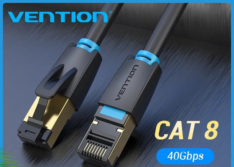 CAT8 shielded Ethernet cable with RJ45 connectors showing flat and round style options in various lengths