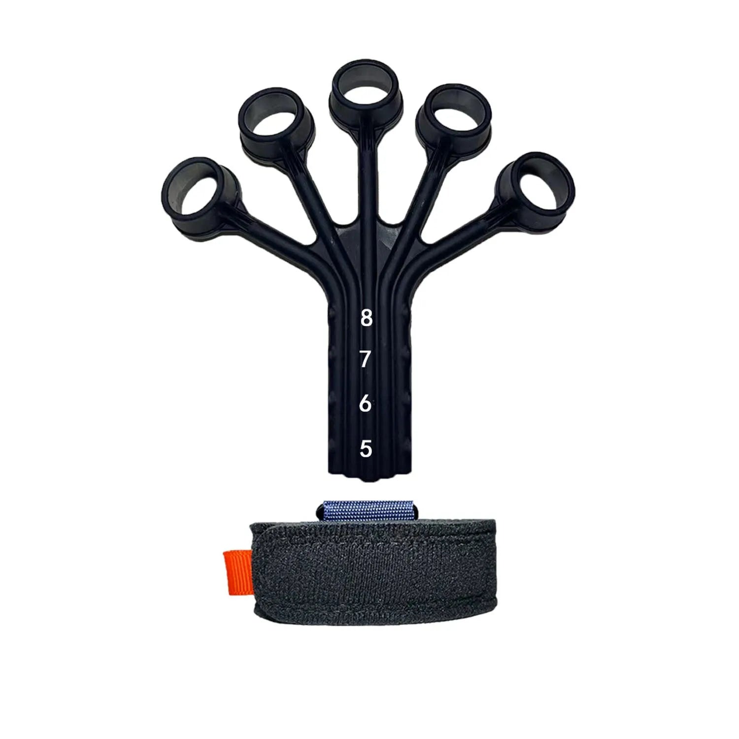 Black silicone finger flexion and extension trainer with adjustable belt for resistance training.