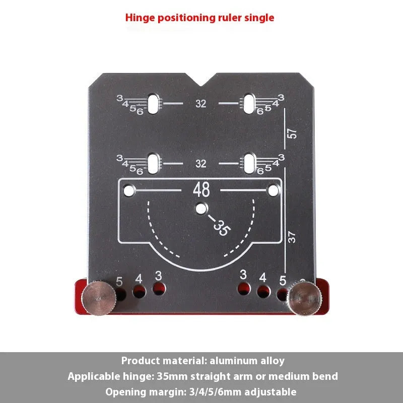 Red aluminium alloy hinge punch locator tool for 35mm cabinet door hinges on a workbench.
