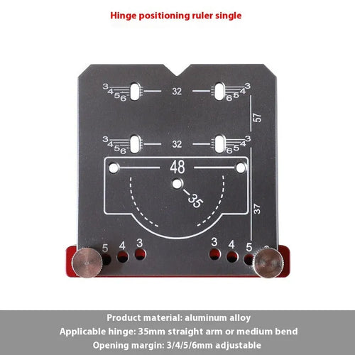 Red aluminium alloy hinge punch locator tool for 35mm cabinet door hinges on a workbench.