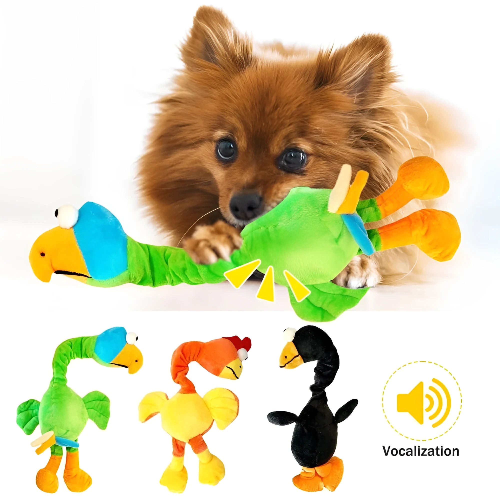 Screaming chicken sound dog toy in black, green, or orange with bite-resistant latex rubber construction