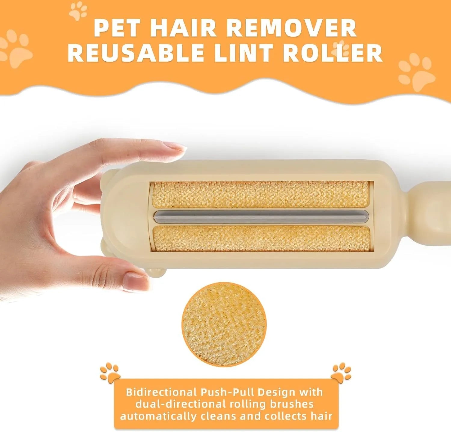 Blue reusable pet hair removal roller with self-cleaning base on a fabric sofa.