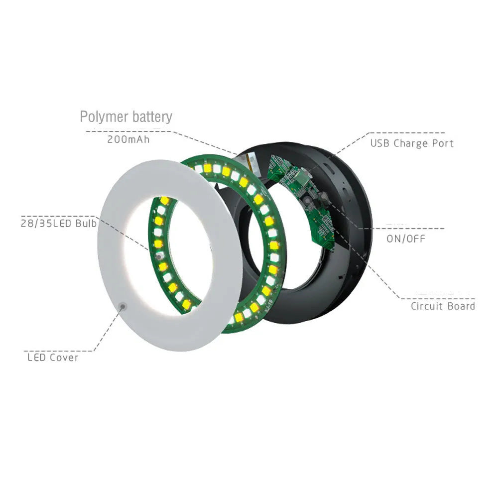 Compact black ring light for smartphones with USB charging port and adjustable settings.