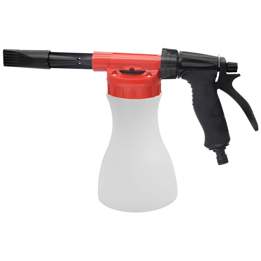 A standard colour foam pot high pressure water gun for garden spraying, showing its trigger and nozzle.