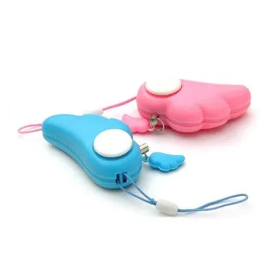 Blue personal security alarm with clip and pull pin on a grey handbag strap