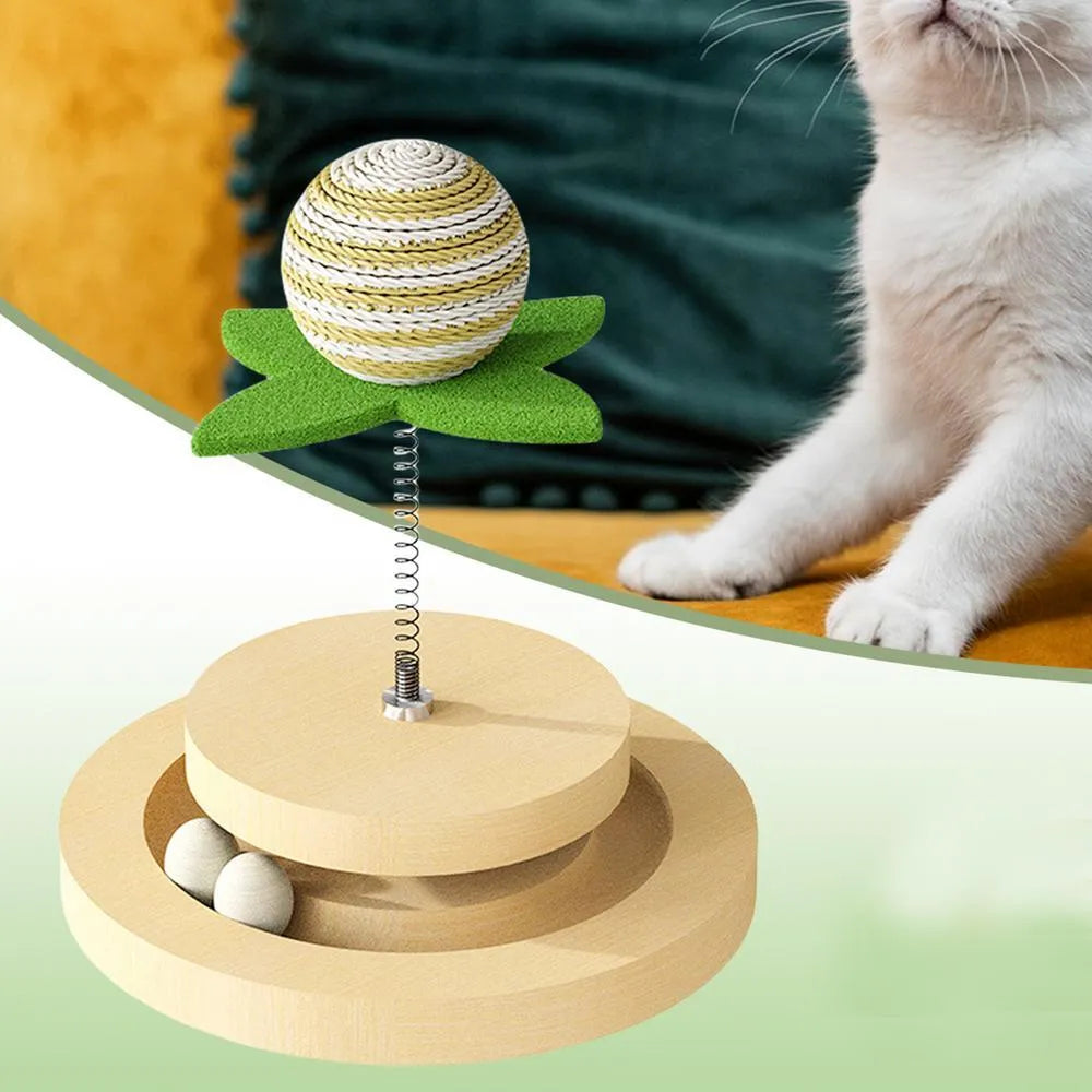 Green cat toy with sisal scratching pad, ball track, and spring ball for indoor kittens