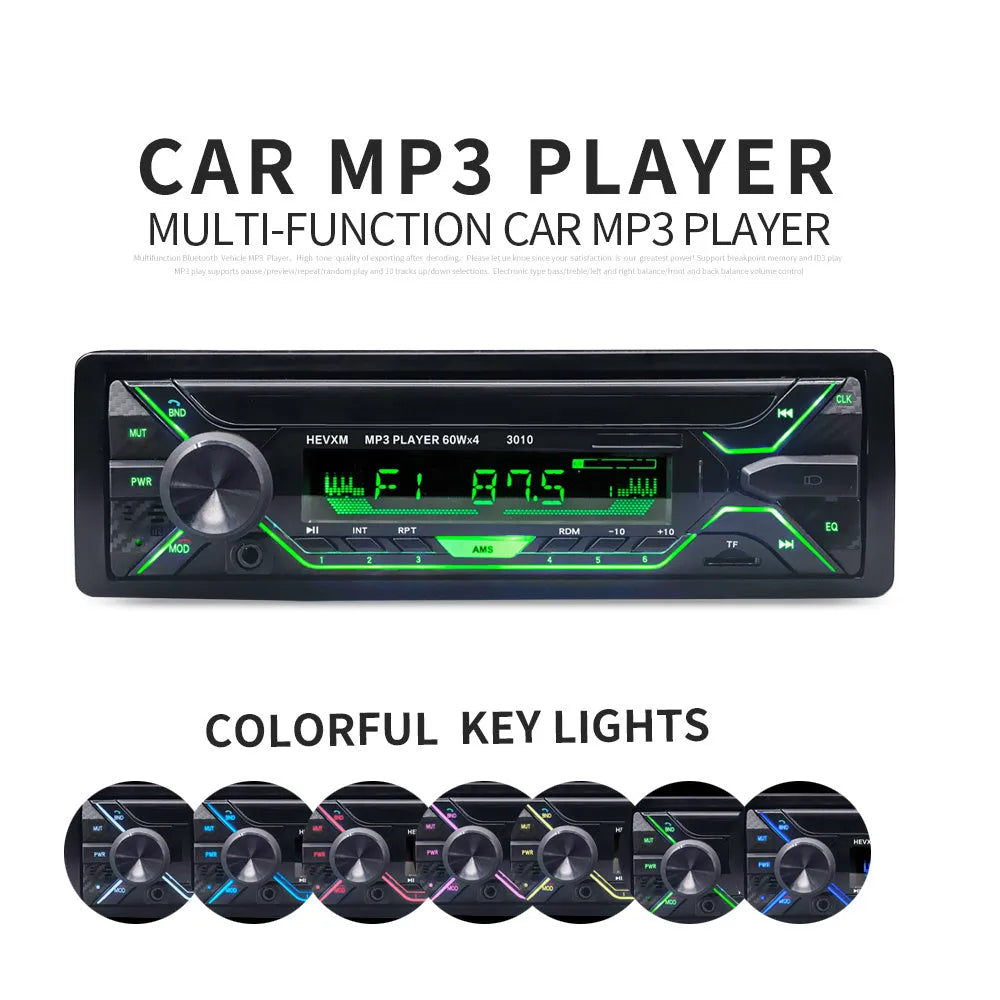 Single-DIN car stereo with LCD display, rotary volume knob, USB port, and buttons for Bluetooth and radio