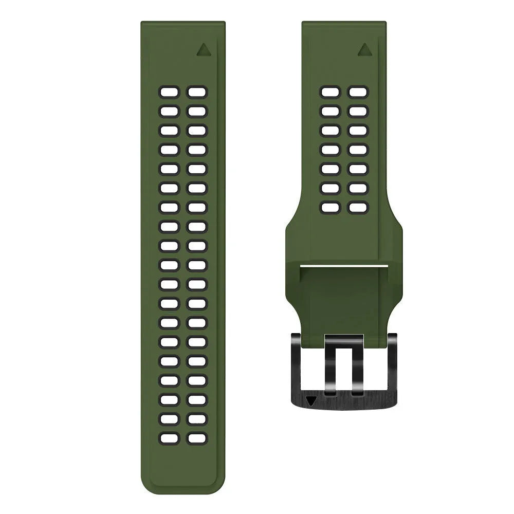 Quick release two-colour silicone watch strap with pin buckle, shown in multiple colour options.