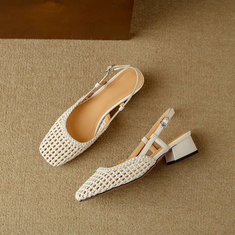 Women's woven hollow-out sandals with chunky heel and square toe in black microfibre