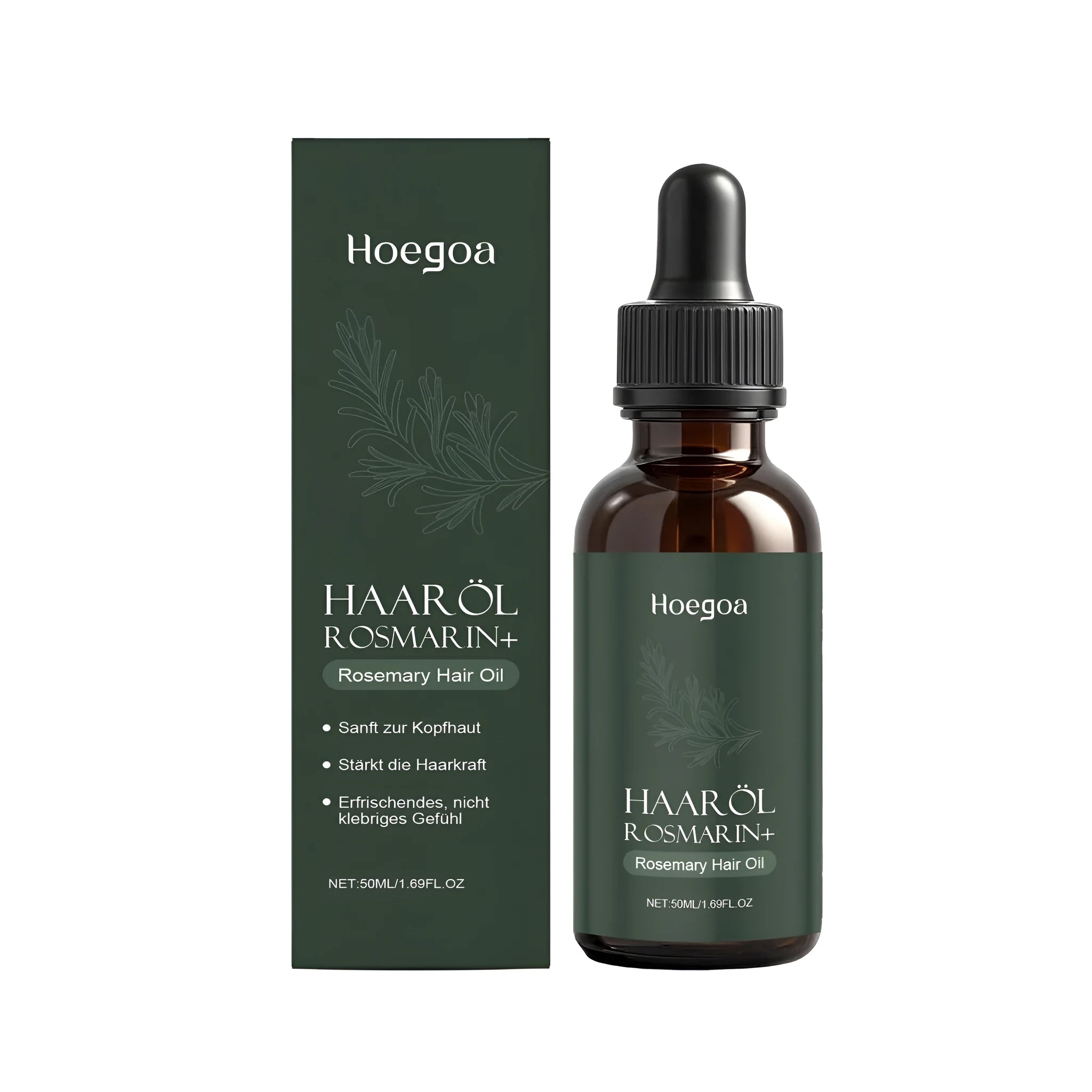 Rosemary hair care oil in 50ml bottle with ingredients including rosemary leaf oil, ginger root oil, and castor oil for hair nourishment
