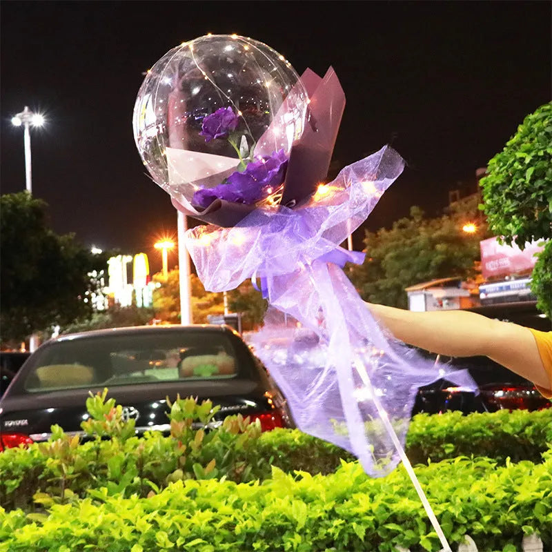 LED luminous balloon rose bouquet transparent boboballoon with artificial flower and LED light, displayed in clear balloon, multiple colour options available