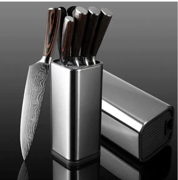 Stainless steel kitchen tool holder with detachable bottom showing knife storage and utensil bucket