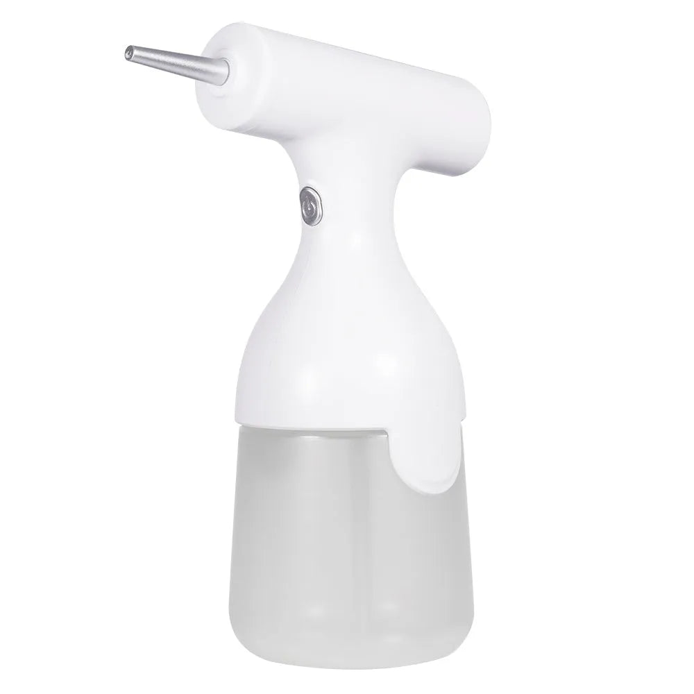 White electric foam dispenser gun with 350ML tank, ABS plastic body, and Type-C charging port on a bathroom countertop